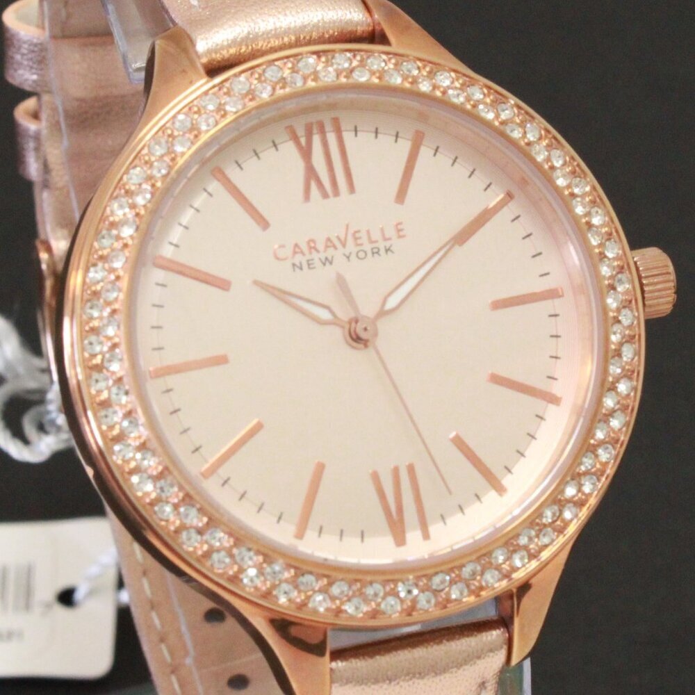 Caravelle Ladies Dress Watch By Bulova Crystal Bezel Dial Rose Gold Tones 38mm - Picture 8 of 12